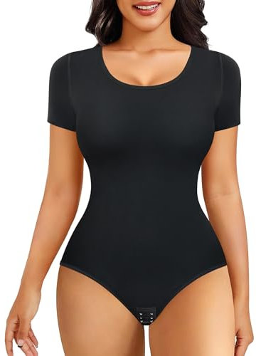 Junlan Bodysuit for Women Tummy Control Shapewear Thong Shaping Tank Top Round Neck Jumpsuits Short Sleeve T Shirts(Black,2XL)