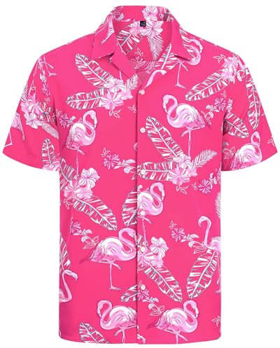 J.VER Hawaii Hemd Männer Herren Hawaiihemd Sommer Casual Strandhemden Button Down Shirt Männer Urlaub Blumenmuster Tropische Knopfleiste Rosa Flamingo 3XL
