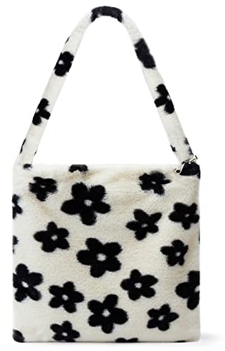 KALIDI Plüsch Handtasche mit Reißverschluss Niedlich Flauschige Crossbody Bag Damen Schultertasche für Uni Mädchen, Schwarze Blumen