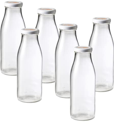 Le Parfait Bottles French Glass Milk Bottle with 48mm Printed Logo Airtight Metal Twist Cap | Used for Smoothie, Water Bottle, Preserved Tomato Sauce & other Soups | 16oz (Pack of 6) 500ml