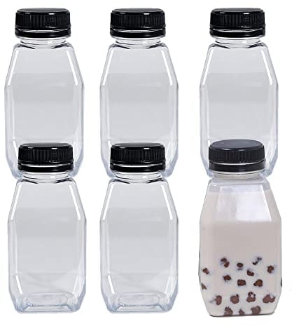 n 6 Pack 280ml Empty Plastic Juice Bottles Reusable Clear Drink Containers with BlackTamper Proof Lids for Juice, Milk, Coffee and Other Beverage