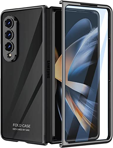 Funda para Galaxy Z Fold 4 con Protector de Pantalla, Transparente Crystal Clear Plating Slim Hard PC a Prueba de Golpes Anti-Scratch Full Protective Cáscara para Samsung Galaxy Z Fold 4 5G(Negro)