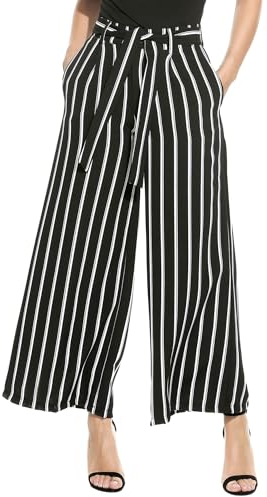 Beyove Female Hose Lässige Locker Gerade Passform Anzughosen Sommer 7/8 Lange Gestreifte Palazzo Hose Hohe Taille Freizeithosen mit Taschen Schwarz Weiß Gestreifte S