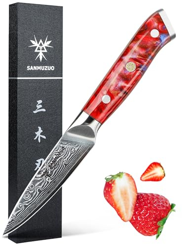 SANMUZUO Damas Couteau d'Office avec Lame 9 cm Professionnel Couteau Cuisine Couteaux à découper en VG-10 67 Couche Damas Acier avec Poignée en Résine(Rouge Coucher de Soleil) - Xuan Série