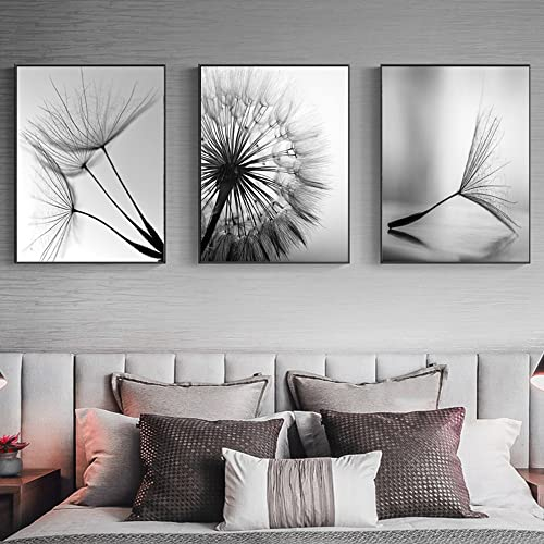 FSLEOVN Leinwand Wandkunst Schwarz Weiß Pusteblume Bilder Ohne Rahmen Pusteblume Leinwand Malerei Poster für Moderne Wohnzimmer Deko 3 stücke (Schwarz Weiß,30×40cm)