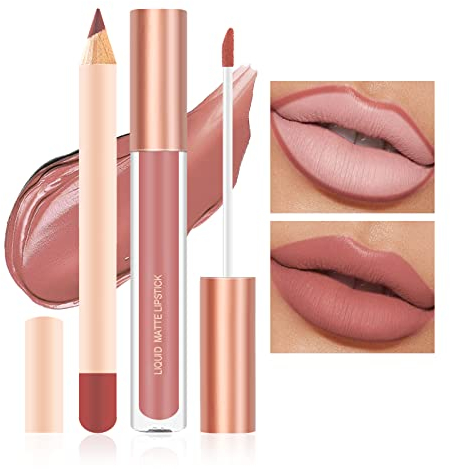 Prreal 2-teiliges Lip Liner und Lippenstift Set - Matte Flüssige Lippe + Passender Lip Liner, Nude Samtiges Make-up Kit, Wasserfestes Langanhaltend Labiales Mate 24 Horas Originales (07)