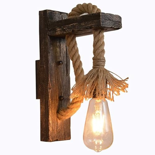 Dopastore Applique Da Parete In Corda di Canapa e Legno Attacco E27 Stile Vintage Lampada da Parete Country Nera per Ristorante Bar Caffetteria Corridoio Soggiorno
