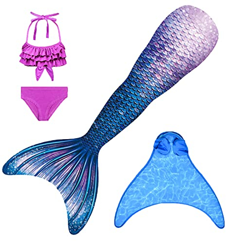 FOLOEO Meerjungfrauenflosse Mädchen Meerjungfrau Flosse Badeanzug Kinder zum Schwimmen mit Monoflosse und Bikini Set für Kinder, 4 Stück Set