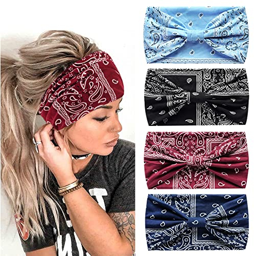 AIZIYIN Damen Stirnbänder Breites Elastisches Boho Leopardenprint Haarschmuck Yoga Sport Haarstirnband Mehrfarbig 4er Pack (P4Cash6)
