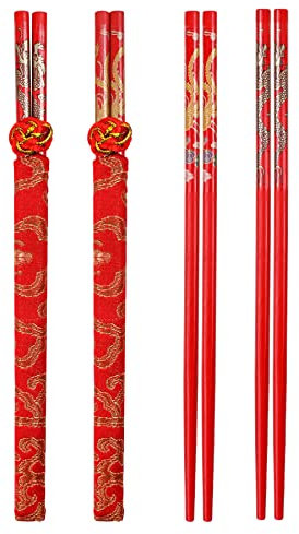 2 Pairs Exquisite Bamboo Chopsticks Set - Dragon and Phoenix Pattern Design- Perfect for Weddings Ceremony, Table Decor, and Chinese-Themed Ambience, Traditional Chinese Red Decorative Chopsticks