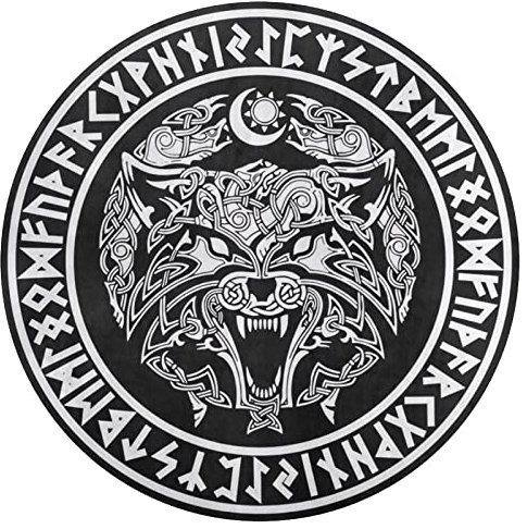 Living Room Decor Runder Teppich, Nordischer Mythologie-Tätowierungs-Totem-Symbol-Grafik-Teppich, Weiche, Bequeme Flanell-Bodenmatte für Wohnzimmer und Schlafzimmer (Color : Fenrir, Size : 80 x 80CM