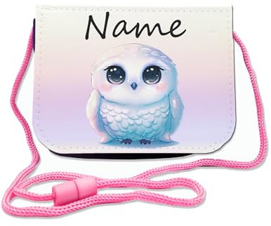 Kinder Brustbeutel mit Name + Schriftartwahl | Klettverschluss mit Schnur zum Umhängen und Klarsichtfach | Geldbeutel personalisiert | 3 Farben (Schneeeule)
