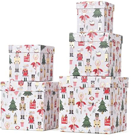 PAPER FAIR 5PCS Christmas Nesting Gift Boxes with Lid, Xmas Nested Box Set, 5 Sizes, Square Stackable, White Ballerina Nutcracker Paper Box Tower Décor, for Holiday Thanksgiving New Year Packaging