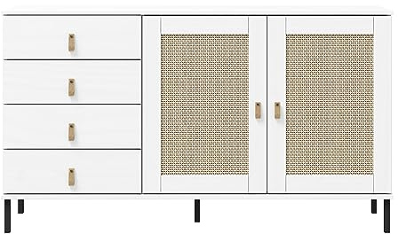 Woodroom Valencia Sideboard weiß – Kommode aus massiver Kiefer, lackiert, 140x80x40 cm – Schrank mit 2 Türen & 4 Schubladen für Wohnzimmer, Flur oder Esszimmer