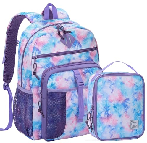 VASCHY Schulrucksack Teenager Mädchen Set 2 in 1 mit Kühltasche, Rucksack Kinder Schulranzen mit Brustgurt Reflektierend für Grundschule/Mittelschule/Oberschule,Mehrfarbig