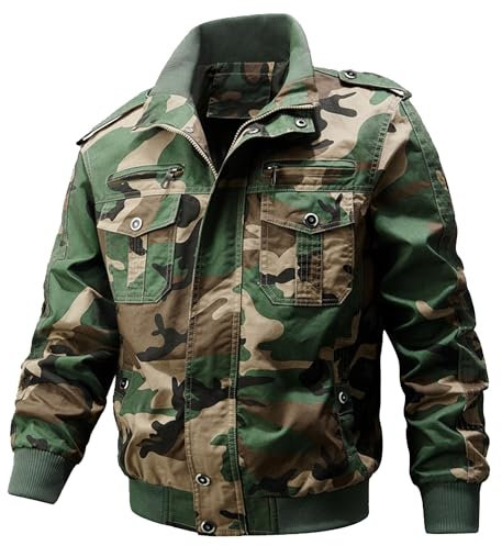 ZDJSWJ Hommes Casual coupe-vent veste cargo militaire Multi-poches col montant bomber workwear (Camouflage,XXL)