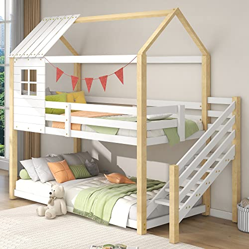 Juabett Kinderbett Hausbett 90 x 200 cm mit Ecktreppe, Massivholz Kinder Hochbett mit Fallschutz und Gitter, Etagenbett für 2 Kinder,Massivholz Kinderbett, Jugendbett (Ohne Matratze) (weiß+Natur)
