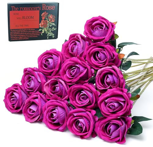 SITUMEIZI 15 x lila Rosen, künstliche Seidenblumen, realistische künstliche Rosen, Blumenstrauß mit langem Stiel für Hochzeitsdekoration, Valentinstag, Brautsträuße, Party, Heimdekoration