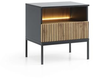 BETTSO - Sentino - Nachttisch - Schrank - Schubladenschrank - Nachtschrank - Nachtkästchen - Nachtisch - Gerillt - Schlafzimmer - Glamour, Matt - Schwarzgrau und Holzoptik Wotan-Eiche