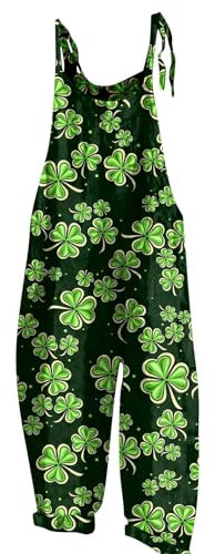 RMBLYfeiye Jumpsuit Kostüm Hosenanzug Damen Elegant 2 Teiler Ski Latzhose Kleeblatt Druck St Patricks Day Spaghetti Wide Leg Playsuit Ärmelloser Onesie Tier