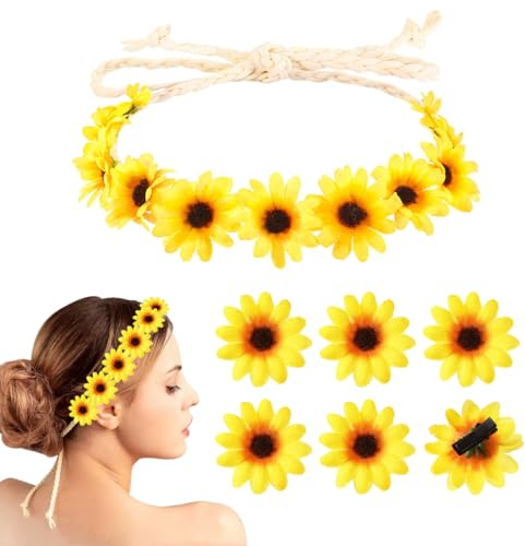 Youery Sonnenblumen Haarschmuck, Blumen Haarband, Sonnenblumen Haarreif mit 6 Haarspangen Gänsenblümchen, Blumen Kopfschmuck für Hochzeit Beach Reisen Party