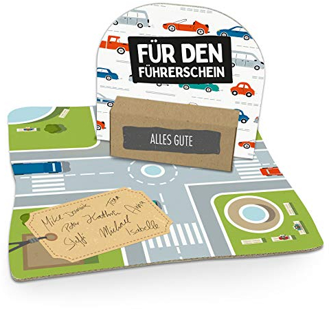 itenga Geldgeschenk I Motiv Führerschein I Mitbringsel I Gutschein I Geschenkverpackung mit Bodenplatte, Geschenkkarte und Stickerbogen - zum Basteln und Dekorieren
