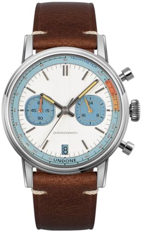 Undone Vintage 70s Chronograph Hybrid Quarz Mechanisch Stahl Weiß Braun Leder Herrenuhr, braun, Armband