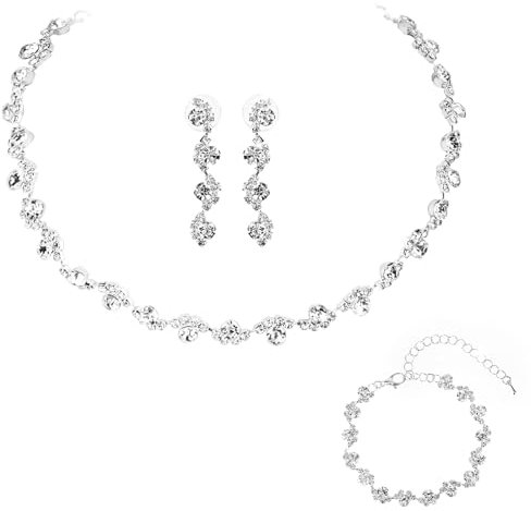 Yolev Braut Hochzeits Schmuckset Kristall Hochzeitsschmuck Set Strass Braut Modeschmuck Halskette Ohrringe Armband Set Braut Brautjungfer Strass Kristall Schmuck Set für Frauen Mädchen