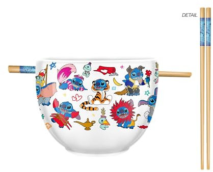 Silver Buffalo Disney Lilo and Stitch Featuring Stitch and Scrump in Disney Character Costumes Ceramic Ramen Noodle Rice Bowl with Chopsticks, Microwave Safe, 20 Ounces