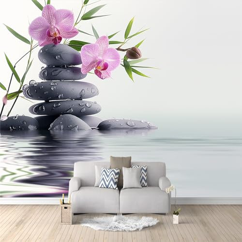 Panorama-Art Fototapete Graue Steinpflanzen Und Orchideen 200 x 140cm Vlies Tapeten Teenager Moderne Wandtapete Wohnzimmer Schlafzimmer UV-Schutz