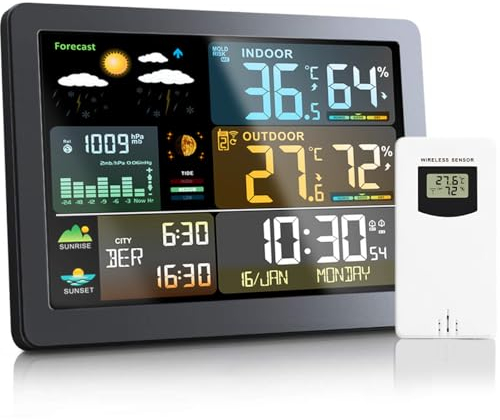 Station Météo sans Fil avec Capteur Extérieur - Station Meteo Radio-Réveil DCF, Thermomètre avec Heure, Date, Prévision météorologique, Humidité, Baromètre, Alarme, Affichage des Phases de Lune
