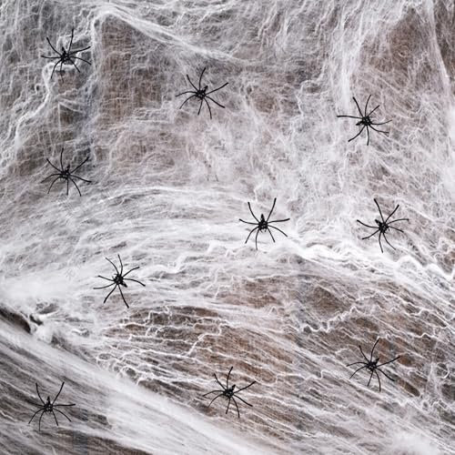 Dxmcgttbd Halloween Deko Spinnennetz,Spinnennetz Halloween,Halloween Spinnennetz,Spinnennetz,60g Weiß Spinnenweben mit 10St Schwarz Kunststoff Spinnen,für Haus und Garten,Halloween Dekoration
