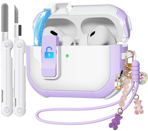 Case for AirPods Pro 2nd/1st Generation Case with Cleaner Kit, Ekoonpft Secure Lock Case for Apple Airpod Pro 2&1 Gen Case Cover with Silicone Wrist Strap Cute Candy Keychain for Women,Purple