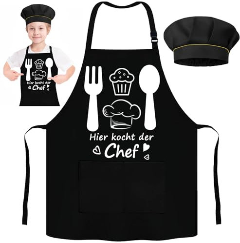 Kochschürze Kinder, Schürze Kinder mit Kochmütze, Kinderschürze, Lustig Kochschürze Schürze mit 2 Taschen, Kinder Wasserdicht Kochschürze, Kinderschürze Mädchen Jungen für Küche,Kochen,Grillen,Malen