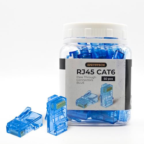 Spetstech RJ45 Connectors 50-Pack Cat 6 PASS - Through Connectors (Cat6 Plugs/Cat 6 Ends / RJ45 Modular Plugs/Ethernet Connectors) for Ethernet Cables (50, Blue)