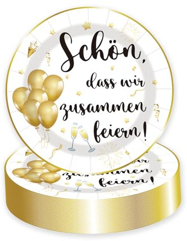 EVYIENEN Lot de 50 assiettes en carton jetables pour anniversaire - Assiettes en carton blanches avec inscription « Schön, dass wir zusammen feiern» - Assiettes en carton jetables - Pour les