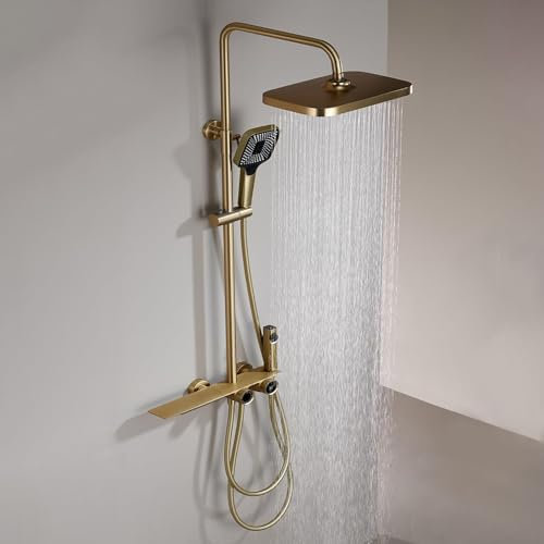Duschsystem,Retro-Duschsystem in gebürstetem Gold,DDuschset Mit 315 x 210 mm Regendusche,360° Verstellbarer Regendusche Duschkopf,3 Modus Handbrause,Wandbrauseset Mit Spritzpistole