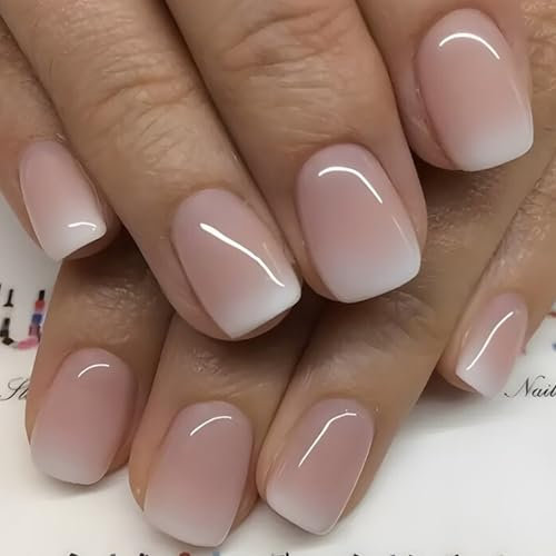 24PCS Short False Nails, French Tip Press on Nails Square, Pink White Gradient Fake Nails Natural Acrylic Glue on Nail, Glossy Nude Reusable Stick on Nail Women Girls Nail Art Accessories