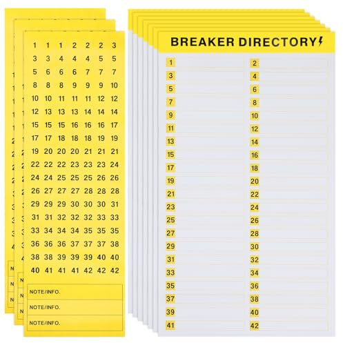 Lot de 10 feuilles d'étiquettes pour disjoncteur, 7 feuilles d'autocollants pour catalogue de disjoncteurs avec 3 feuilles d'autocollants numérotés (jaune et blanc)