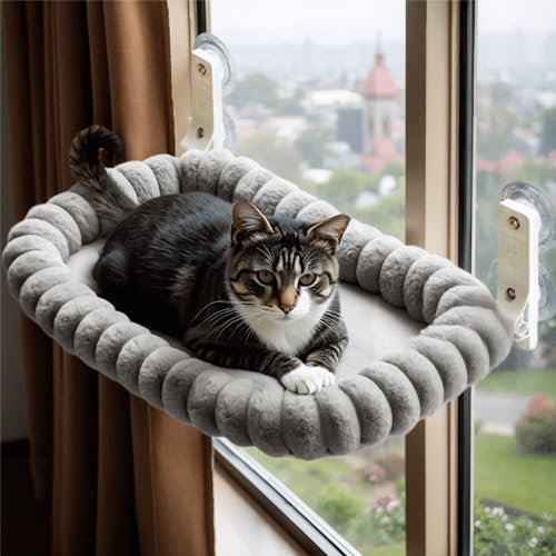 CareCooo Fensterliege für Katzen, Klappbarer Cat Window Hammock mit Saugnäpfen, Waschbares Fensterbett für Katzen bis 18kg, M(52x30cm), Grau