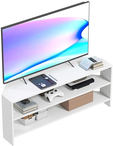 HOMCOM Corner TV Stand for 47 Inch Television, Modern TV Unit with 2 Open Shelves for Living Room, Bedroom, White