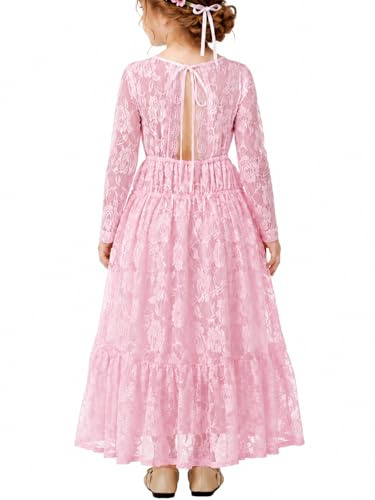 ALLOVIN Robe de Demoiselle d'honneur en Dentelle à Manches Longues pour Pâques pour Tout-Petits et Filles, Mariage, baptême, première Communion, Maxi bohème Coupe A 3-12 Ans