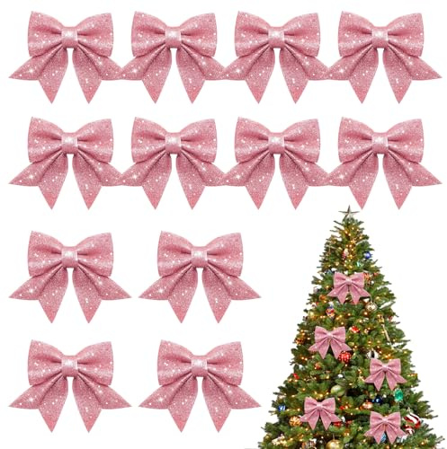 12 Stück Weihnachtsschleifen, Glitzer Schleifen Weihnachtsbaumschmuck, Rosa Schleifen Weihnachten, Weihnachtskranz Bogen, für Weihnachten Familienfeiern Party Urlaub Hochzeit Feierlichkeiten Deko