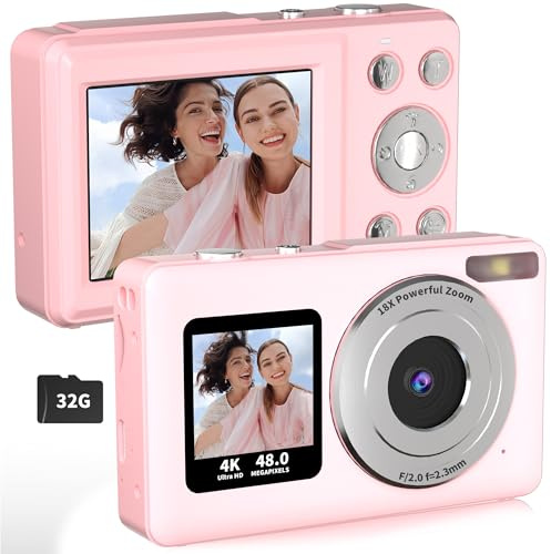 LENANE Appareil photo numérique FHD 4K avec carte de 32 Go, autofocus 48 MP pour enfants avec double écran, appareil photo compact portable avec zoom 18 x, lumière flash anti-secousses, appareils