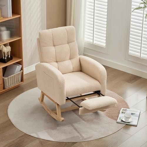 BTM Fauteuil à Bascule en Velours Teddy, Beige, Cadre en Bois Massif, Pieds en Métal avec Soutiens de Jambes Cachés, Rembourrage en Mousse Épais, pour Salon, Chambre, Chambre d’Enfant