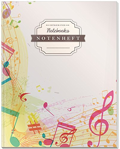 DÉKOKIND Notenheft | DIN A4, 64 Seiten, 12 Notensysteme pro Seite, Inhaltsverzeichnis, Vintage Softcover | Dickes Notenbuch | Motiv: Farbinge Noten