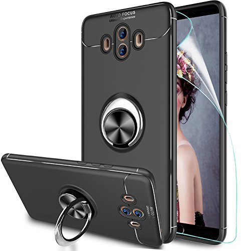 LeYi Funda Huawei Mate 10 con Anillo Soporte, 360 Grados Giratorio Ring Grip con Kickstand Gel TPU de Silicona Bumper Case Carcasa Fundas Mate 10 con HD Protector de Pantalla, JSZH,Negro