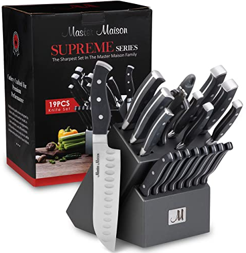 19-Piece Kitchen Knife Set With Wooden Block - Best German Forged Stainless Steel Knife Sets for Kitchen with Block, Professional Use, Paring, Chef, Carving & 8 Steak Knives - Knife Sharpener & Shears