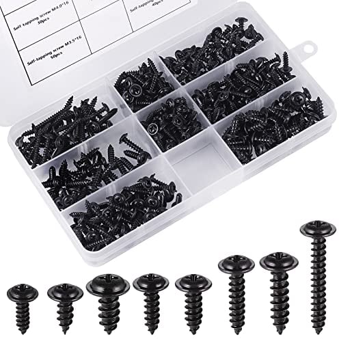 Fentar 350 Stück Blechschrauben Sortiment M3 M3.5 M4 M4.8 Schwarz Blechschrauben Flachkopf Gut Qualität und Solid Flachkopfschrauben Holz mit Kunststoffbox