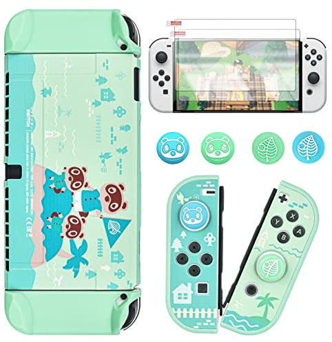 DLseego Schutzhülle für Nintendo Switch OLED, PC-Schutzhülle, stoßfest und Kratzfest, mit 2 Displayschutzfolie aus Hartglas und 4 Kappen, kompatibel mit Switch OLED Version 2021, Animal Crossing